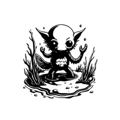 A whimsical ink drawing of a swamp creature emerging from the murky water among reeds