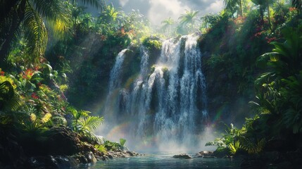 Serene waterfall cascading in lush tropical paradise