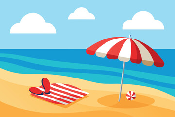 Relaxing beach scene with red and white striped umbrella towel and flip flops under blue sky and clouds