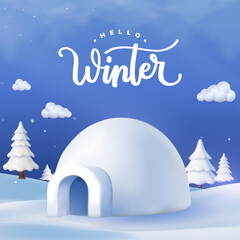 Snowy Winter Scene with Igloo and Frosted Pine Trees
