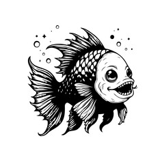 Whimsical underwater creature: A detailed monochrome drawing of a cartoon fish with exaggerated features