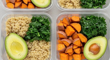 Healthy Meal Prep with Quinoa, Sweet Potatoes, Kale, and Avocado in Clear Containers for Balanced Diet