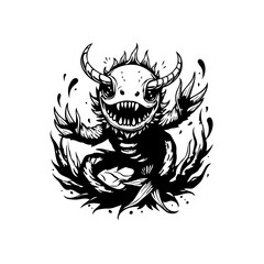 Creepy cartoon monster with horns and sharp teeth, illustration of a strange animal for halloween