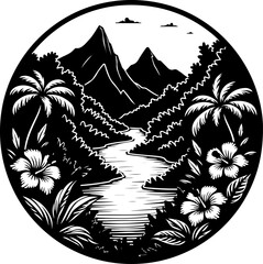 Tropical Mountain Landscape with River and Palm Trees"