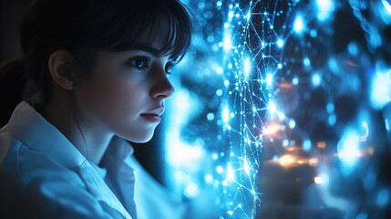 Futuristic Young Woman Analyzing Data Network Interface in Laboratory Setting