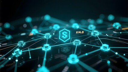 Abstract network with interconnected nodes and glowing symbols, emphasizing digital technology and data connectivity.