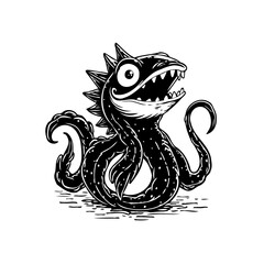 Whimsical sea monster illustration with tentacles spikes and a toothy grin creates a playful cartoon character
