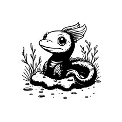 Cute cartoon hydra character illustration with big eyes surrounded by plant life in black and white style