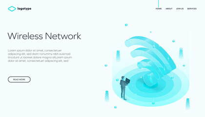 Modern isometric illustration of a wireless network signal with abstract 3D elements, suitable for technology websites, apps, and promotional materials. Vector illustration.
