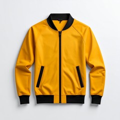 Vibrant yellow bomber jacket with black trim, a fashionable outerwear choice on white background