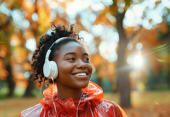 Young African American woman in autumn park listening to music on headphones