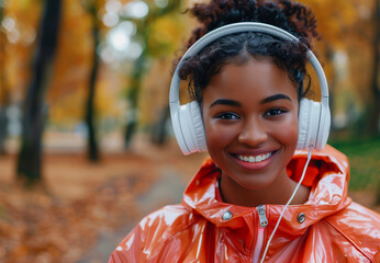 Young African American woman in autumn park listening to music on headphones