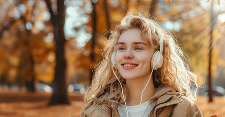 Young beautiful blonde woman with headphones walking in autumn park