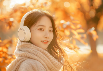 Young beautiful Korean woman in autumn park with headphones