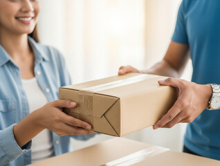Someone is handing over a cardboard package in a bright room, showing a comfortable and safe delivery process