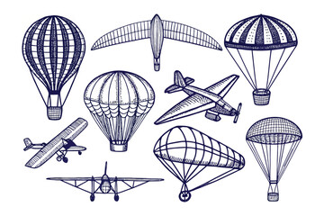 Vintage Aviation Collection: A detailed sketch showcases a collection of classic and antique aircraft, including hot air balloons, gliders, airplanes, and a parachute.  © azizunnahar