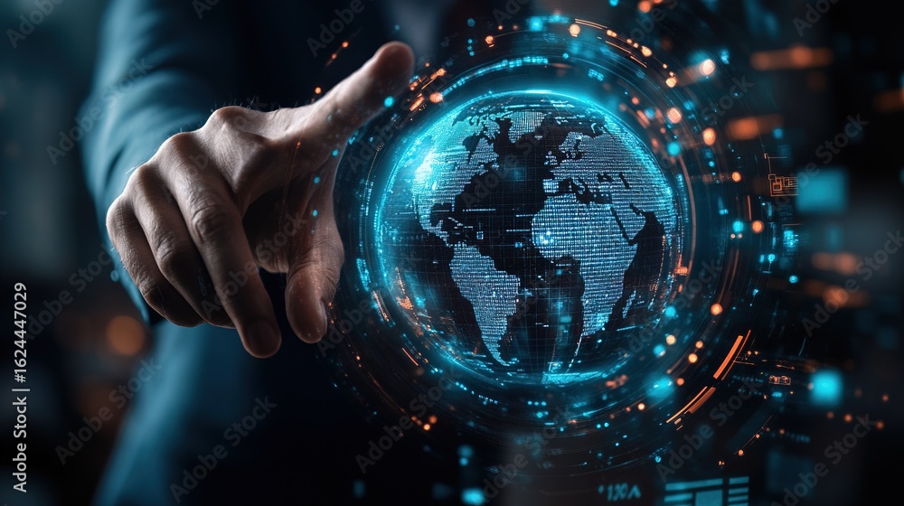 Poster futuristic digital globe connected by technology with hand pointing at it