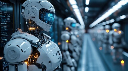 Fototapeta premium Futuristic Metallic Robot Army in a Long Row, Sci-Fi Concept