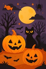 Fototapeta premium Halloween illustration with black cat, jack-o'-lanterns, full moon and bats