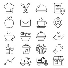 Set of minimalistic restaurant icons, including menu, chef hat, pizza, food delivery, and other related symbols.