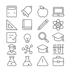 A collection of educational symbols and icons in a modern design, representing the fundamental elements of learning, discovery, and academic pursuit. 