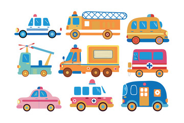 Emergency Vehicle Array Illustration: A vivid illustration of diverse emergency vehicles, ideal for educational and design projects, showing ambulance and police car.