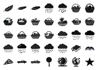Black icons showing feathers, clouds with rain, fruit baskets, book, earth and star