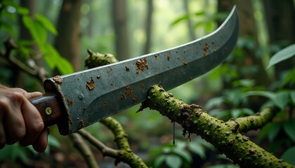 Machete Cuts Tree Branch in Jungle