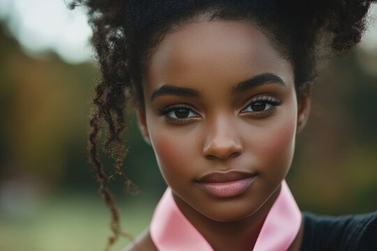 Close-up of a woman holding a pink ribbon, symbolizing cancer awareness and the importance of support for those affected by cancer, Generative AI