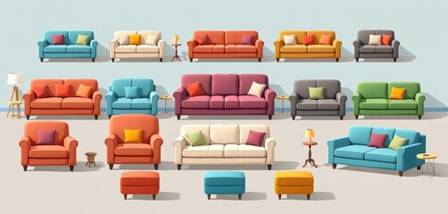 Flat graphic design collection of sofas, armchairs, ottomans, and chairs with pillows Various styles and colors Home interior furniture vector illustration,  furniture,  armchair