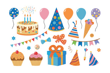 Festive Party Decorations: A collection of vibrant and playful party decorations, including balloons, party hats, cake, confetti, and gift box, perfect for celebrating a special occasion.