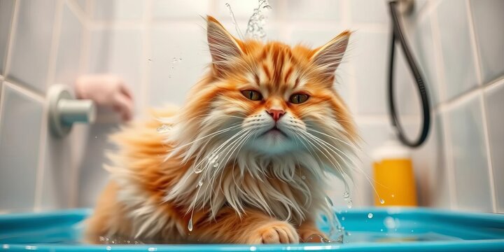 Fluffy cat disdainfully endures a playful rinse in a brightly lit grooming room,  hygiene,  wet