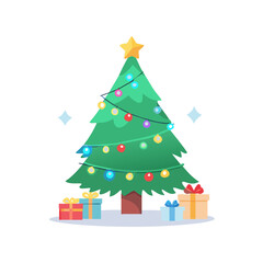 Decorated christmas tree with gifts isolated on white background
