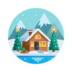 Winter house in snowy landscape with christmas trees and mountains