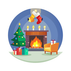 Fototapeta premium A cozy christmas scene with a fireplace, tree, gifts, and stockings