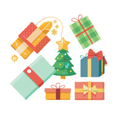 Collection of christmas gifts and tree isolated on white background