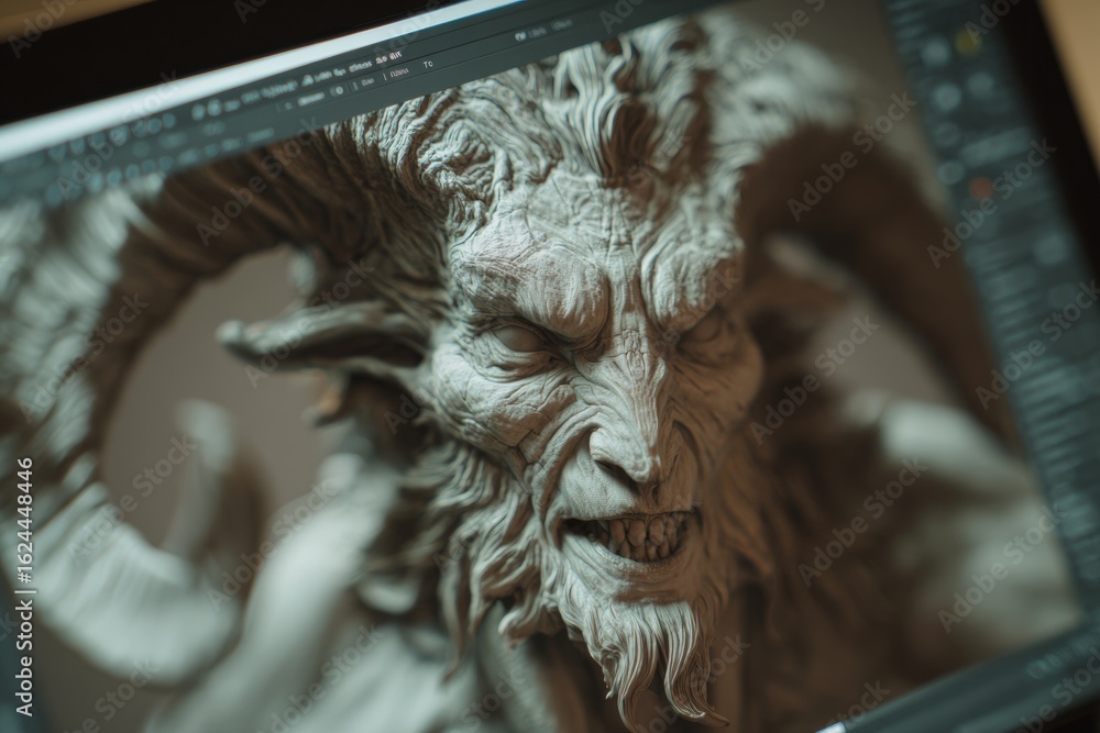 Aufkleber a close-up view shows an intricately designed 3d sculpture of a mythical creature on a computer moni