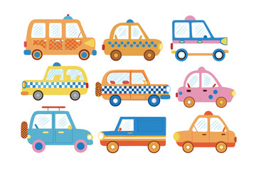 Naklejka premium Colorful Car Collection: A vibrant assortment of toy cars in various designs and hues, perfect for playful children.