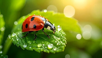 Fototapeta premium A vibrant red ladybug with black spots rests on a fresh green leaf covered in sparkling dew drops.