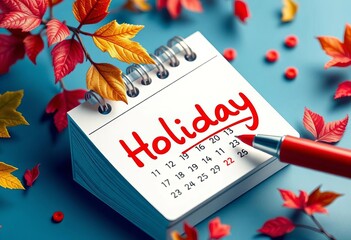 Isometric calendar with red pen marking important holiday date, decorated with leaves,  fall,  event