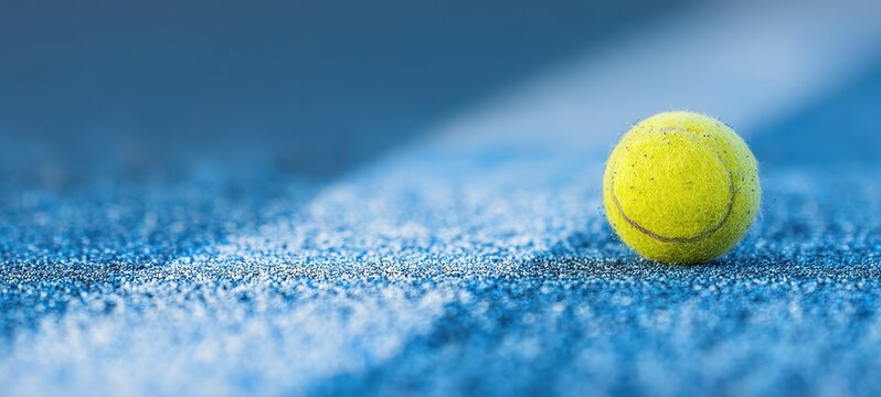 The bright yellow tennis ball resting on a vibrant blue court surface