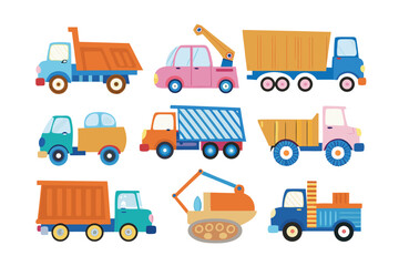 Playful Construction Vehicles Parade: A vibrant collection of playful construction vehicles, including dump trucks, and crane cars, artfully arranged.