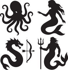 Vector black silhouette set of sea animals and creatures with an octopus and a dragon tattoo design