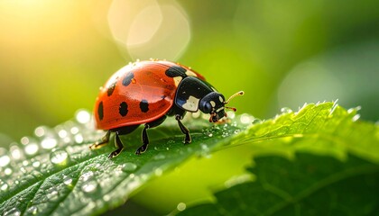 Fototapeta premium A vibrant red ladybug with black spots crawls on a dewy green leaf in the morning sun.
