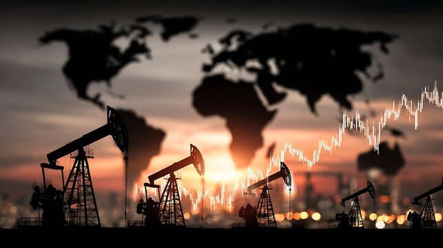 Oil Derricks Silhouette Against World Map and Rising Stock Chart at Sunset - Powered by Adobe