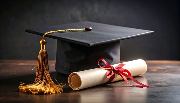 Graduation cap and diploma on dark wood
