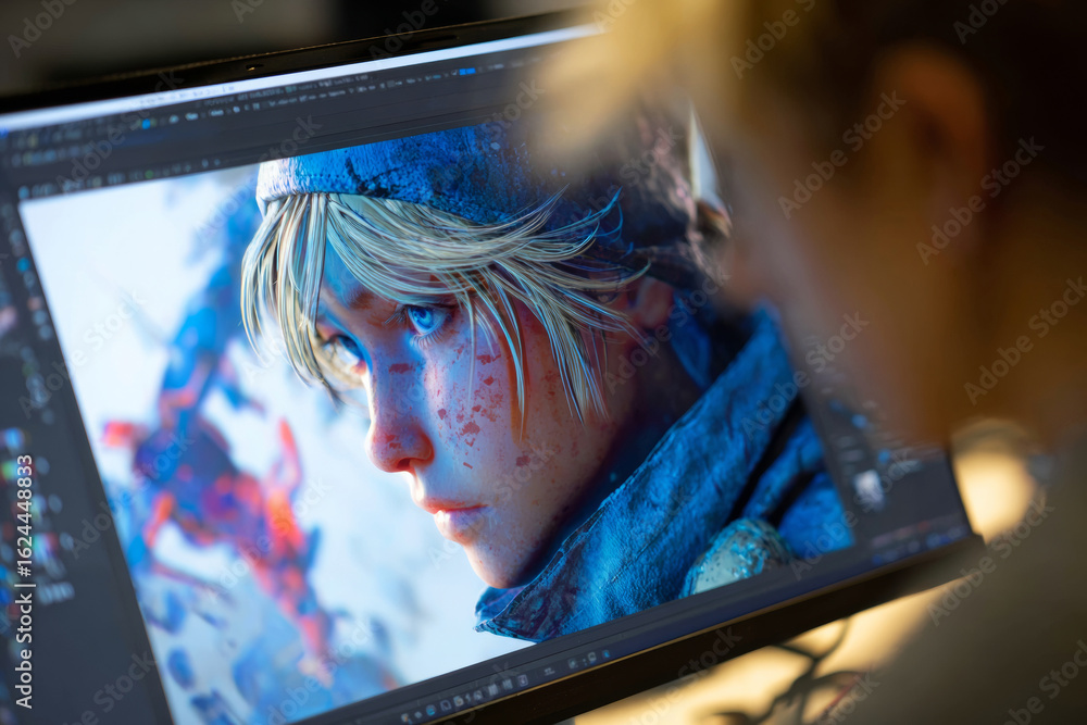 Poster a digital artist focuses on crafting a lifelike 3d character model on the screen with intricate deta