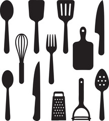 Silver kitchen cutlery set with fork, spoon, and knife isolated on a white background