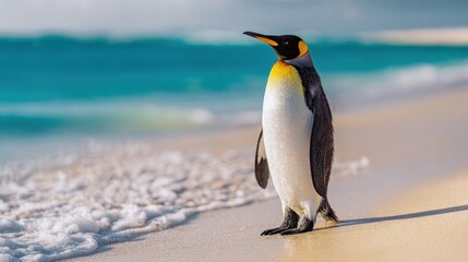 Fototapeta premium The majestic penguin standing gracefully on the beach by the sparkling ocean.