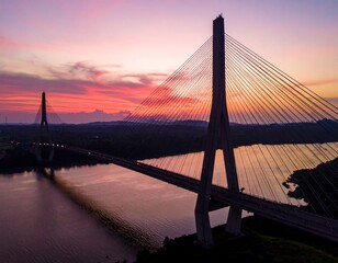 Fototapeta premium Cable-stayed bridge at sunset over water